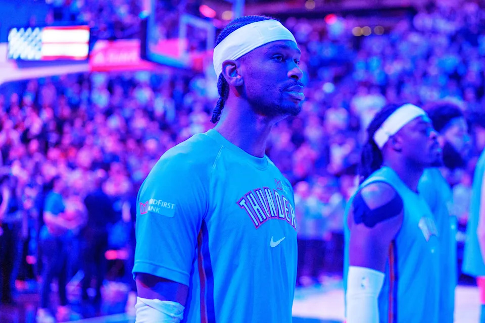 Jan 29, 2026; Minneapolis, Minnesota, USA; Oklahoma City Thunder guard Shai Gilgeous-Alexander (2) stands during the national anthem before the game against the Minnesota Timberwolves at Target Center. Mandatory Credit: Matt Blewett-Imagn Images