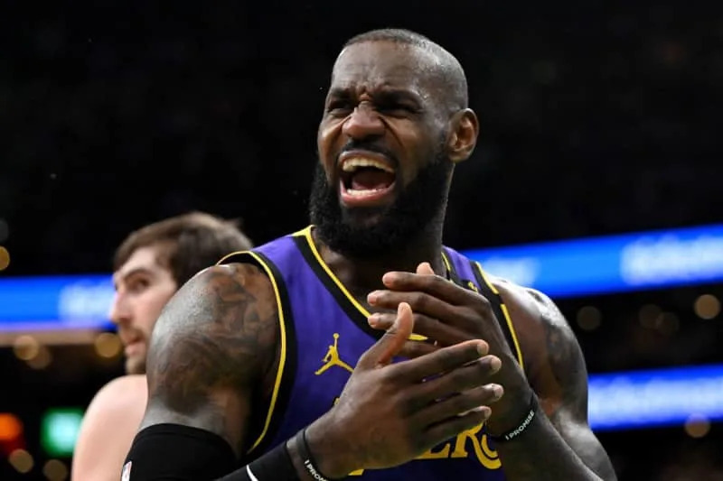 Mar 8, 2025; Boston, Massachusetts, USA; Los Angeles Lakers forward LeBron James (23) reacts after a non-call against the Boston Celtics during the second quarter at the TD Garden. Mandatory Credit: Brian Fluharty-Imagn Images