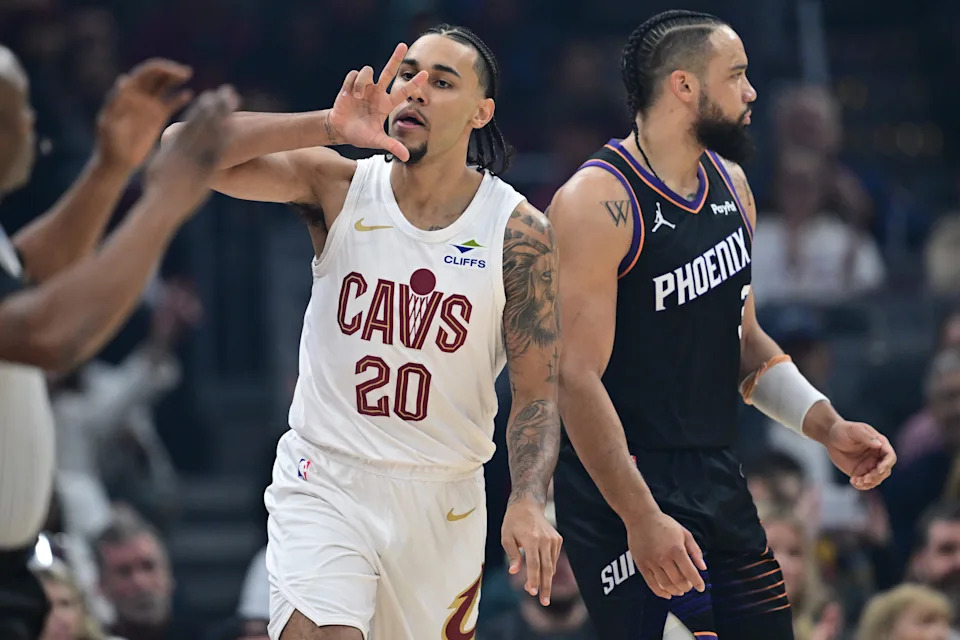 Dec 31, 2025; Cleveland, Ohio, USA; Cleveland Cavaliers guard Jaylon Tyson (20) reacts after making a there point basket during the first half against the Phoenix Suns at Rocket Arena. Mandatory Credit: David Dermer-Imagn Images