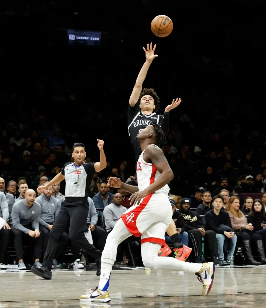 Nolan Traore of the Brooklyn Nets puts up a shot in the second half at the Barclays Center in Brooklyn, New York, Thursday, January 1, 2026. JASON SZENES/ NY POST