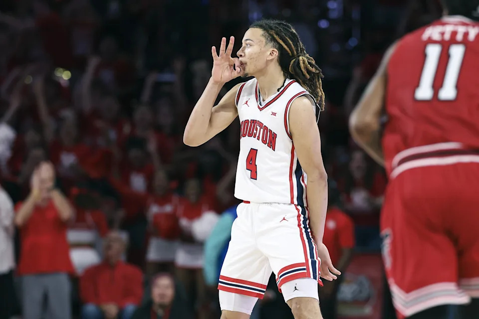 Kingston Flemings reacts after making a three against the Texas Tech Red Raiders. Mandatory Credit: Troy Taormina-Imagn Images
