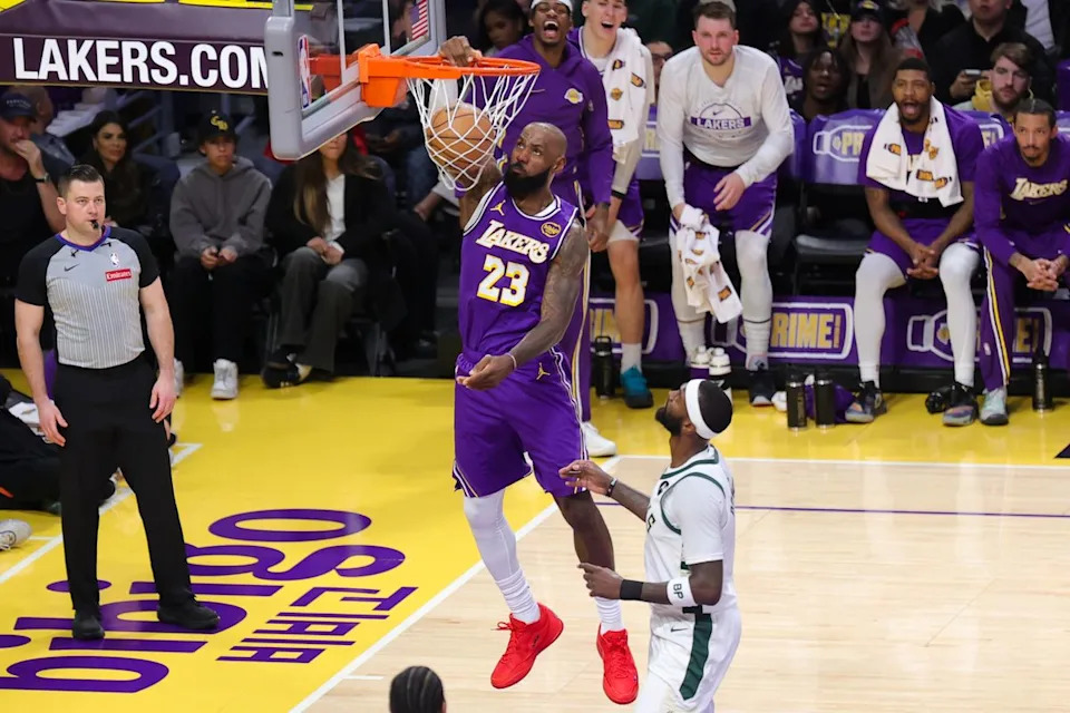 Los Angeles Lakers SF LeBron James (23) dunks the basketball during an NBA game against the Milwaukee Bucks on January 9, 2026 in Los Angeles, CA.