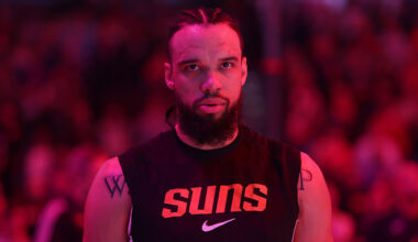 Dillon Brooks #3 of the Phoenix Suns looks on during the national anthem before the game against th...