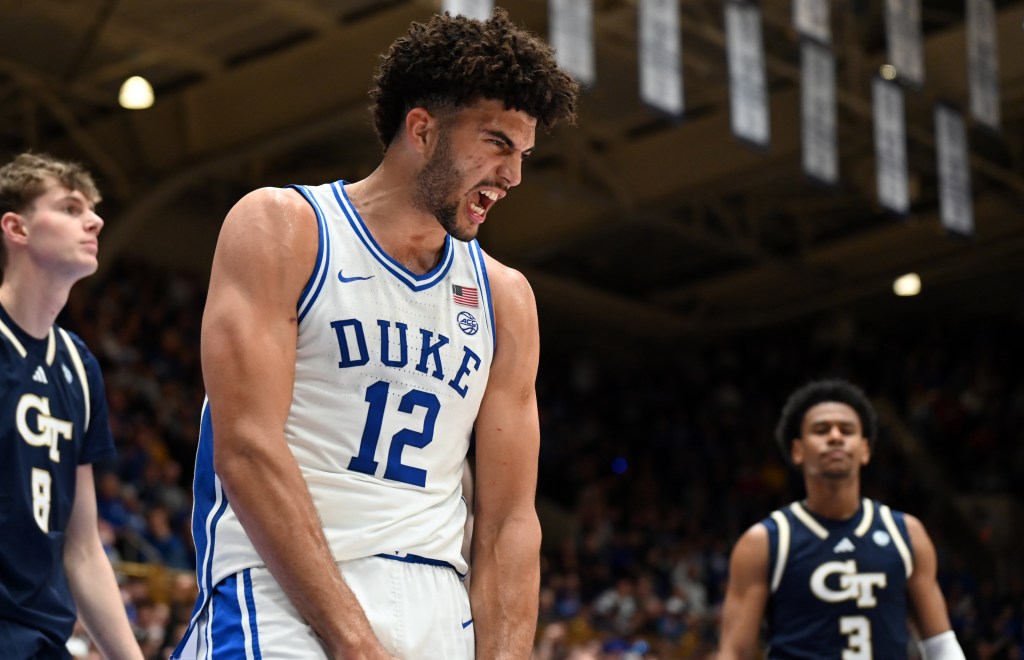 Duke Blue Devils forward Cameron Boozer (12) reacts after scoring.