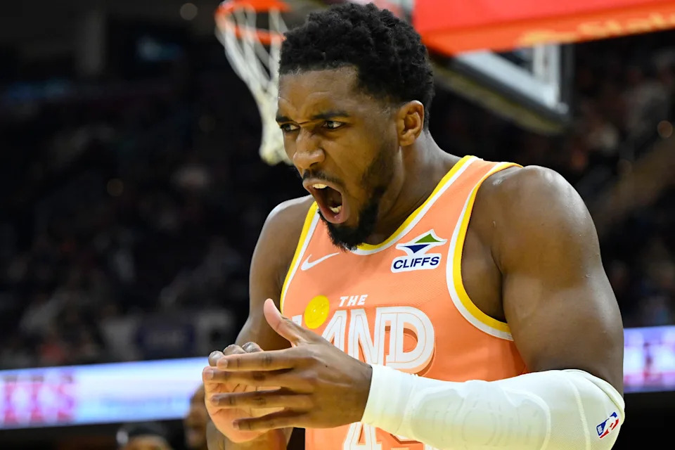 Cleveland Cavaliers guard Donovan Mitchell reacts after scoring against the Orlando Magic on Jan. 26, 2026, in Cleveland.