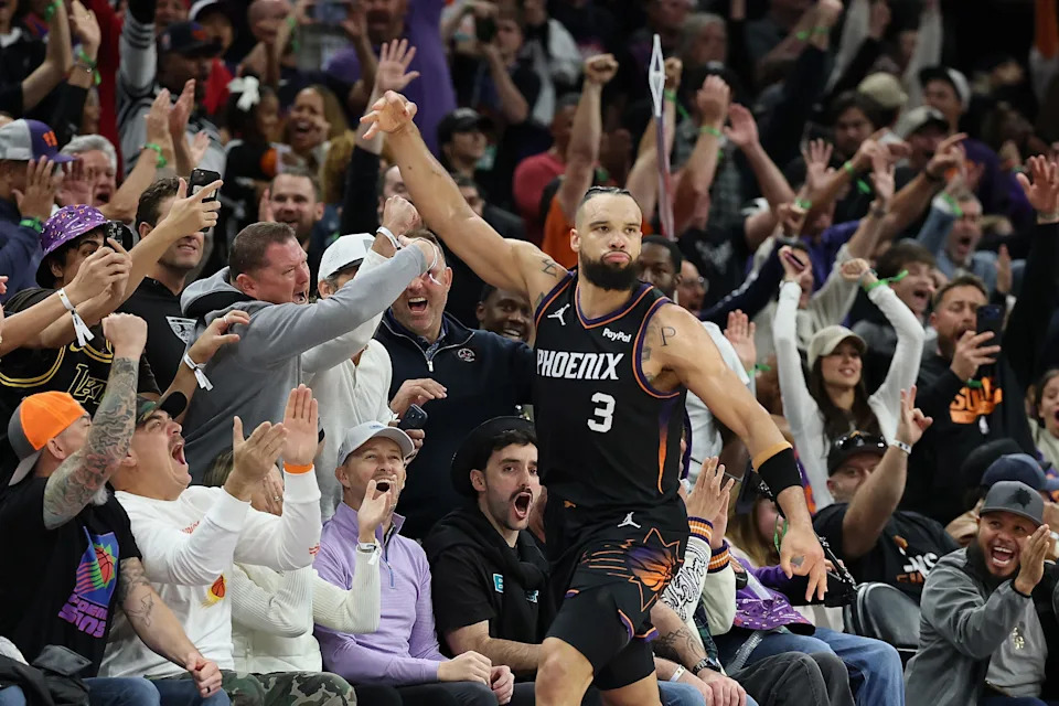 PHOENIX, ARIZONA - JANUARY 04: Dillon Brooks #3 of the Phoenix Suns celebrates after hitting a three-point shot against the Oklahoma City Thunder during the second half of the NBA game at Mortgage Matchup Center on January 04, 2026 in Phoenix, Arizona. The Suns defeated the Thunder 108-105. NOTE TO USER: User expressly acknowledges and agrees that, by downloading and or using this photograph, user is consenting to the terms and conditions of the Getty Images License Agreement. (Photo by Christian Petersen/Getty Images)