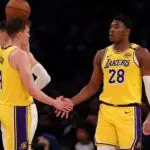 Los Angeles Lakers forward Rui Hachimura (28) is greeted by guard Dalton Knecht (4) after scoring a basket during the third quarter at Crypto.com Arena on Nov 13, 2024.