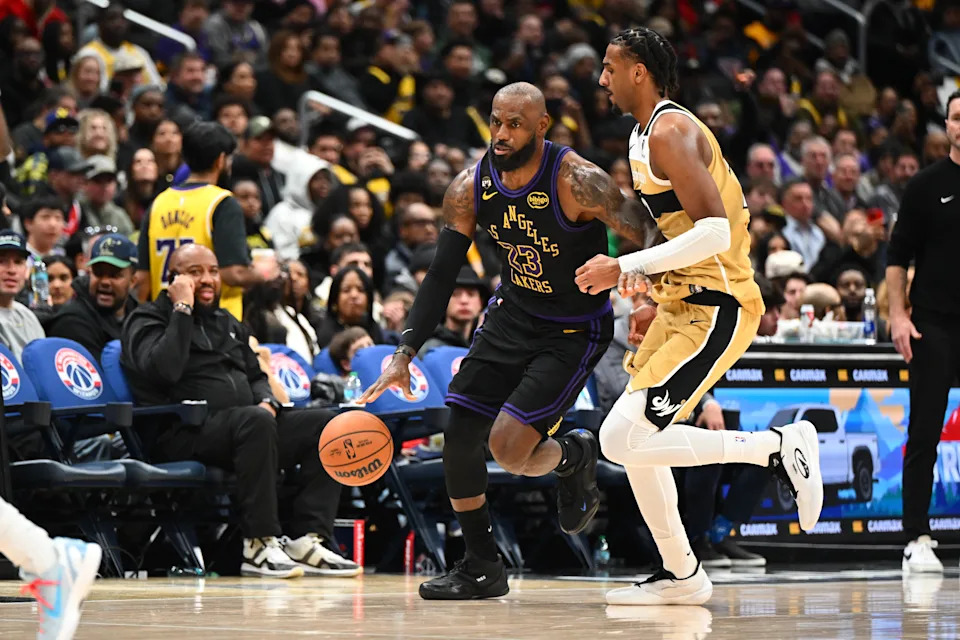 This wasn’t the play, but Lakers great LeBron James threw down a poster dunk on Wizards big man (and the NBA’s leading shot blocker) Alex Sarr. | Brad Mills-Imagn Images