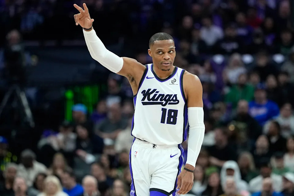 SACRAMENTO, CALIFORNIA - JANUARY 01: Russell Westbrook #18 of the Sacramento Kings looks on against the Boston Celtics in the first half of an NBA basketball game at Golden 1 Center on January 01, 2026 in Sacramento, California. NOTE TO USER: User expressly acknowledges and agrees that, by downloading and or using this photograph, User is consenting to the terms and conditions of the Getty Images License Agreement. (Photo by Thearon W. Henderson/Getty Images)