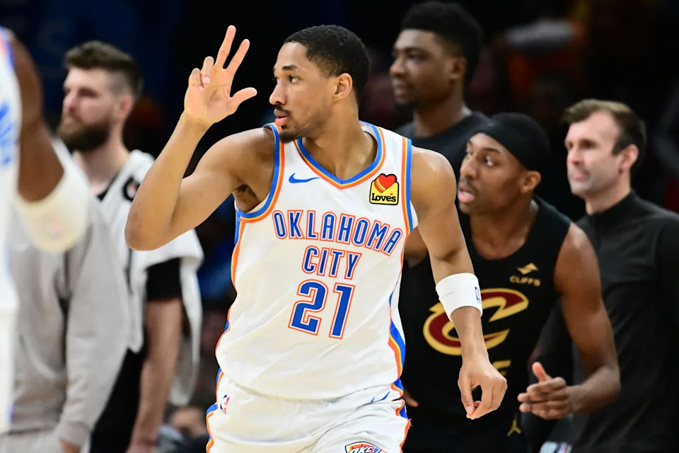 Jan 19, 2026; Cleveland, Ohio, USA; Oklahoma City Thunder guard Aaron Wiggins (21) celebrates after hitting a three point basket against the Cleveland Cavaliers during the second half at Rocket Arena. Mandatory Credit: Ken Blaze-Imagn Images