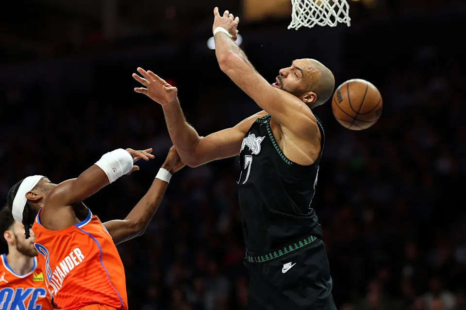 MINNEAPOLIS, MINNESOTA - JANUARY 29: Shai Gilgeous-Alexander #2 of the Oklahoma City Thunder fouls Rudy Gobert #27 of the Minnesota Timberwolves in the third quarter at Target Center on January 29, 2026 in Minneapolis, Minnesota. The Timberwolves defeated the Thunder 123-111. NOTE TO USER: User expressly acknowledges and agrees that, by downloading and or using this photograph, User is consenting to the terms and conditions of the Getty Images License Agreement. (Photo by David Berding/Getty Images)