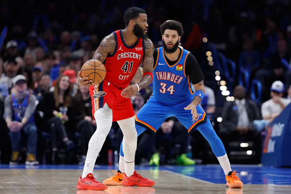 Jan 27, 2026; Oklahoma City, Oklahoma, USA; New Orleans Pelicans guard/forward Saddiq Bey (41) moves the ball as Oklahoma City Thunder guard/forward Kenrich Williams (34) during the second half at Paycom Center. Mandatory Credit: Alonzo Adams-Imagn Images