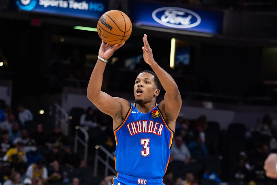 Oct 11, 2025; Indianapolis, Indiana, USA; Oklahoma City Thunder guard Chris Youngblood (3) shoots the ball in the second half against the Indiana Pacers at Gainbridge Fieldhouse. Mandatory Credit: Trevor Ruszkowski-Imagn Images