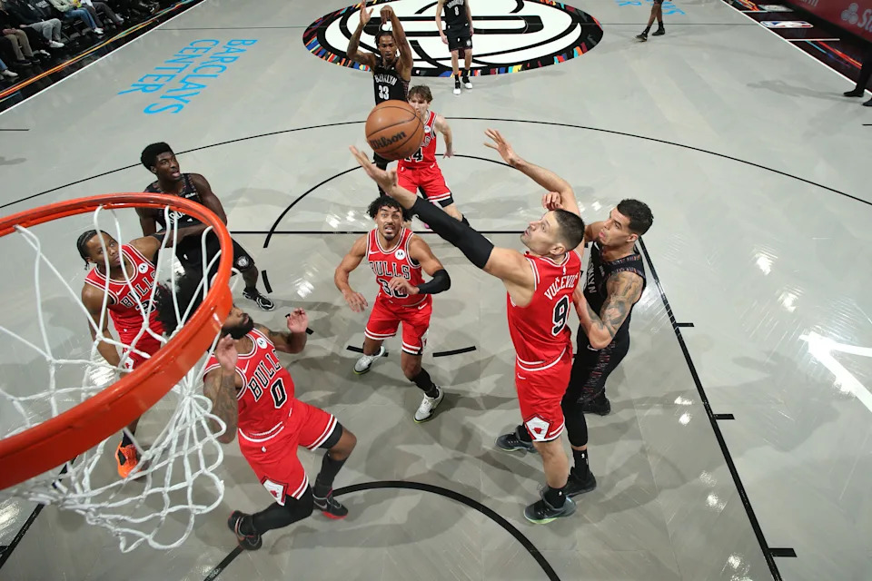 BROOKLYN, NY – JANUARY 16: Nikola Vucevic #9 of the Chicago Bulls grabs the rebound during the game against the Brooklyn Nets on January 16, 2026 at Barclays Center in Brooklyn, New York. NOTE TO USER: User expressly acknowledges and agrees that, by downloading and or using this Photograph, user is consenting to the terms and conditions of the Getty Images License Agreement. Mandatory Copyright Notice: Copyright 2026 NBAE (Photo by Nathaniel S. Butler/NBAE via Getty Images)