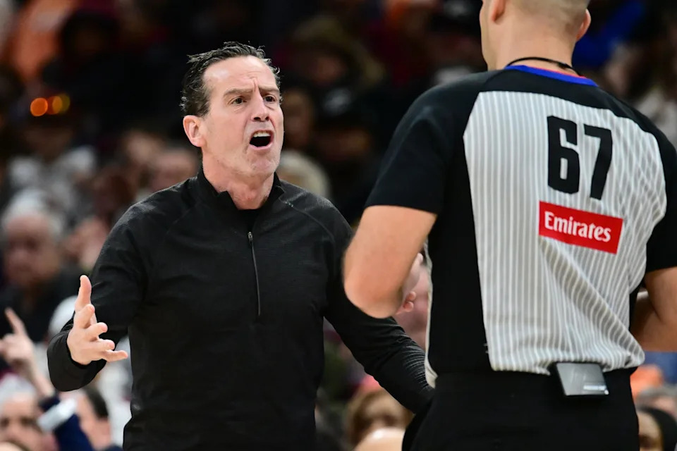 Jan 19, 2026; Cleveland, Ohio, USA; Cleveland Cavaliers head coach Kenny Atkinson argues a call with referee Brandon Adair (67) during the second against the Oklahoma City Thunder half at Rocket Arena. Mandatory Credit: Ken Blaze-Imagn Images