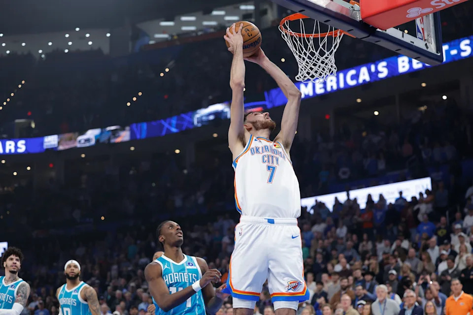 Jan 5, 2026; Oklahoma City, Oklahoma, USA; Oklahoma City Thunder center Chet Holmgren (7) goes up for a dunk against the Charlotte Hornets during the first quarter at Paycom Center. Mandatory Credit: Alonzo Adams-Imagn Images