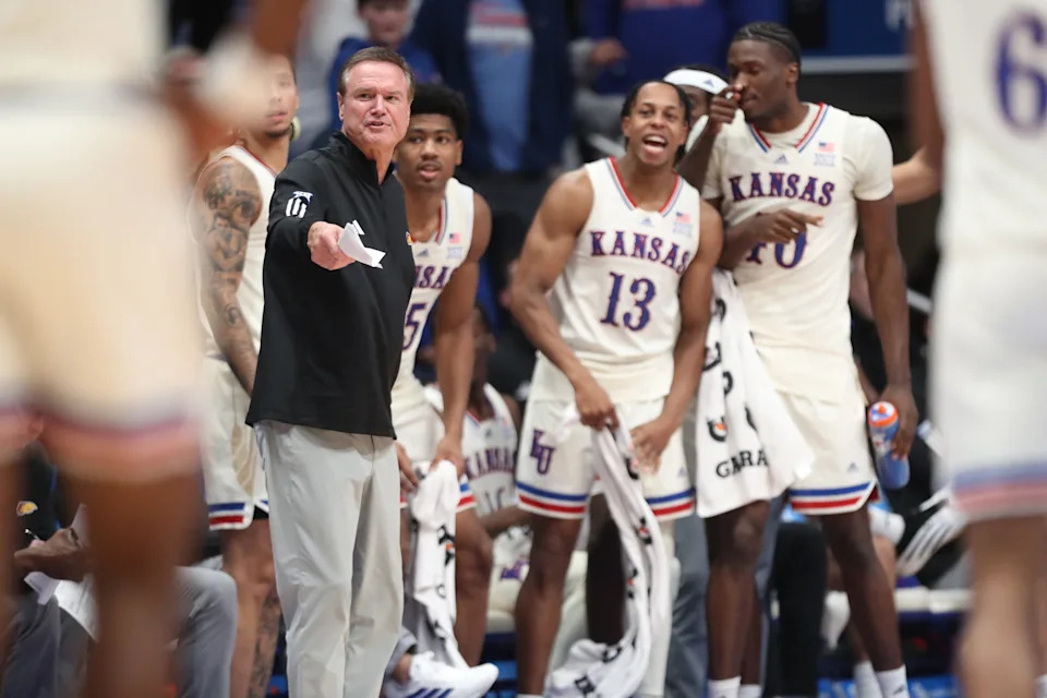 Kansas basketball coach Bill Self reacts along with players during the second half of a game against Texas A&M-Corpus Christi inside Allen Fieldhouse on Nov. 11, 2025.