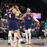 LA Clippers guard Kobe Sanders (4) celebrates with guard Jordan Miller (22) in the second half against the Charlotte Hornets on Jan 12, 2026 at the Intuit Dome.