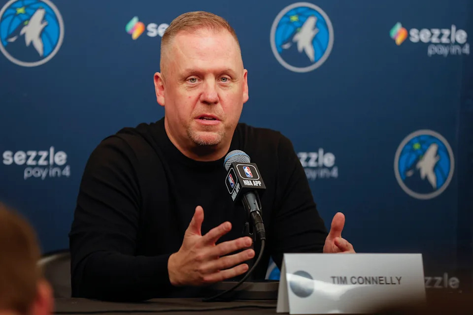 Sep 29, 2025; Minneapolis, MN, USA; Minnesota Timberwolves president of basketball operations Tim Connelly speaks to the media during media day at Target Center. Mandatory Credit: Bruce Kluckhohn-Imagn Images