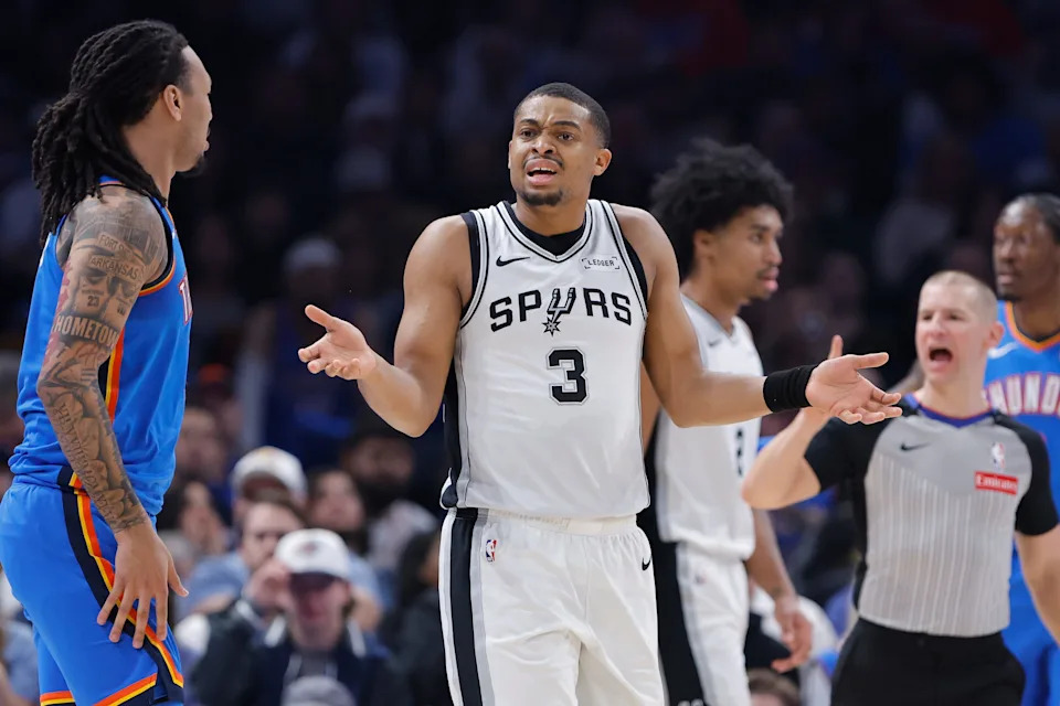 Jan 13, 2026; Oklahoma City, Oklahoma, USA; San Antonio Spurs forward/guard Keldon Johnson (3) reacts after a call against him after a play against the Oklahoma City Thunder during the second quarter at Paycom Center. Mandatory Credit: Alonzo Adams-Imagn Images