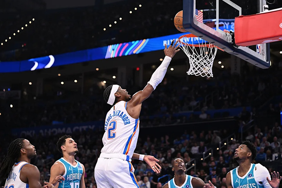 OKLAHOMA CITY, OKLAHOMA - JANUARY 5: Shai Gilgeous-Alexander #2 of the Oklahoma City Thunder attempts a shot during the second half against the Charlotte Hornets at Paycom Center on January 5, 2026 in Oklahoma City, Oklahoma. NOTE TO USER: User expressly acknowledges and agrees that, by downloading and or using this photograph, User is consenting to the terms and conditions of the Getty Images License Agreement. (Photo by Joshua Gateley/Getty Images)