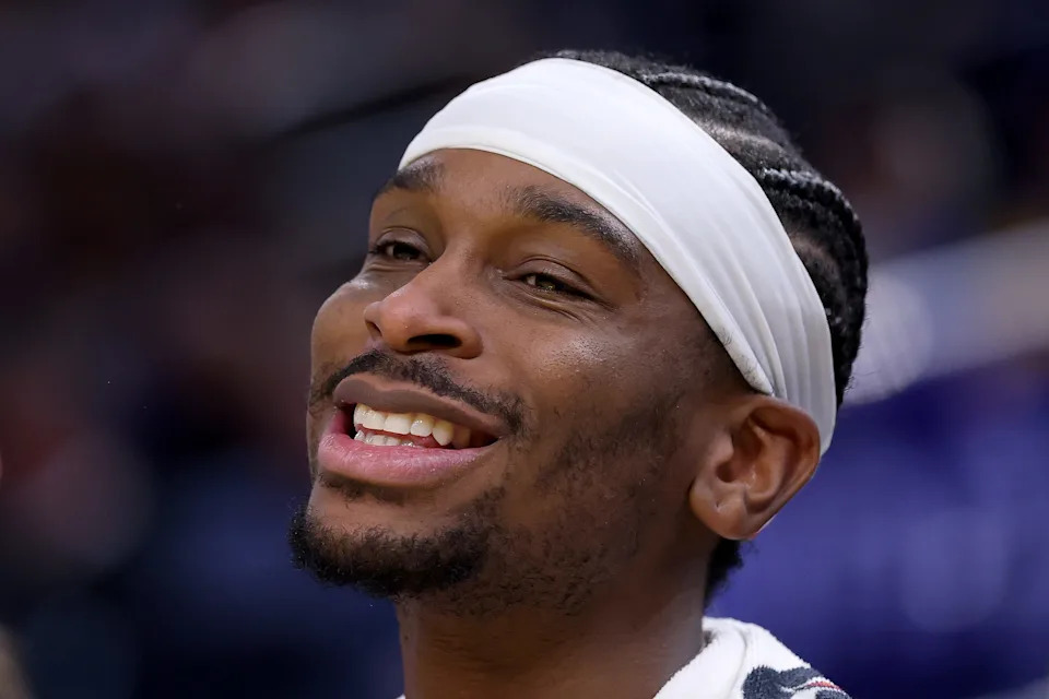 SAN FRANCISCO, CALIFORNIA - JANUARY 02: Shai Gilgeous-Alexander #2 of the Oklahoma City Thunder smiles while sitting on the bench during the second half against the Golden State Warriors at Chase Center on January 02, 2026 in San Francisco, California. NOTE TO USER: User expressly acknowledges and agrees that, by downloading and/or using this photograph, user is consenting to the terms and conditions of the Getty Images License Agreement. (Photo by Ezra Shaw/Getty Images)