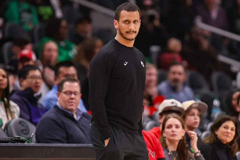 Jan 17, 2026; Atlanta, Georgia, USA; Boston Celtics head coach Joe Mazzulla on the sideline against the Atlanta Hawks in the first quarter at State Farm Arena. Mandatory Credit: Brett Davis-Imagn Images