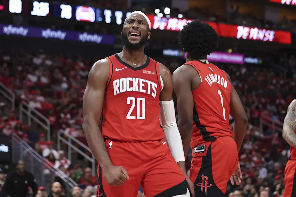 Oct 24, 2025; Houston, Texas, USA; Houston Rockets guard Josh Okogie (20) reacts after a play during the third quarter against the Detroit Pistons at Toyota Center. Mandatory Credit: Troy Taormina-Imagn Images
