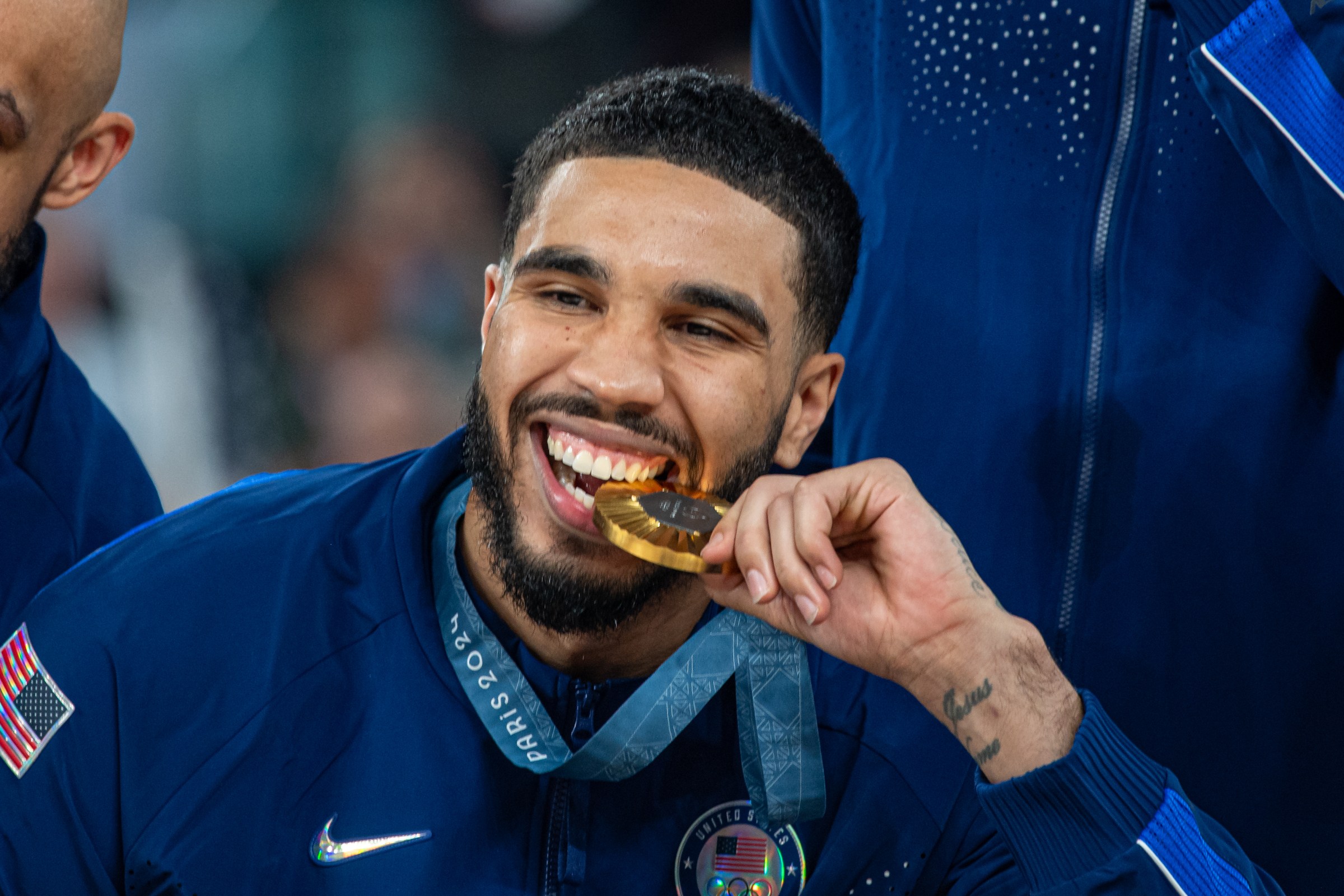 PARIS, FRANCE - AUGUST 10: Jayson Tatum #10 of United States pose for a photo with his gold medal during the Men’s Basketball Medal Ceremony on day fifteen of the Olympic Games Paris 2024 at Stade Bercy Arena on August 10, 2024 in Paris, France. (Photo by RvS.Media/Monika Majer/Getty Images)
