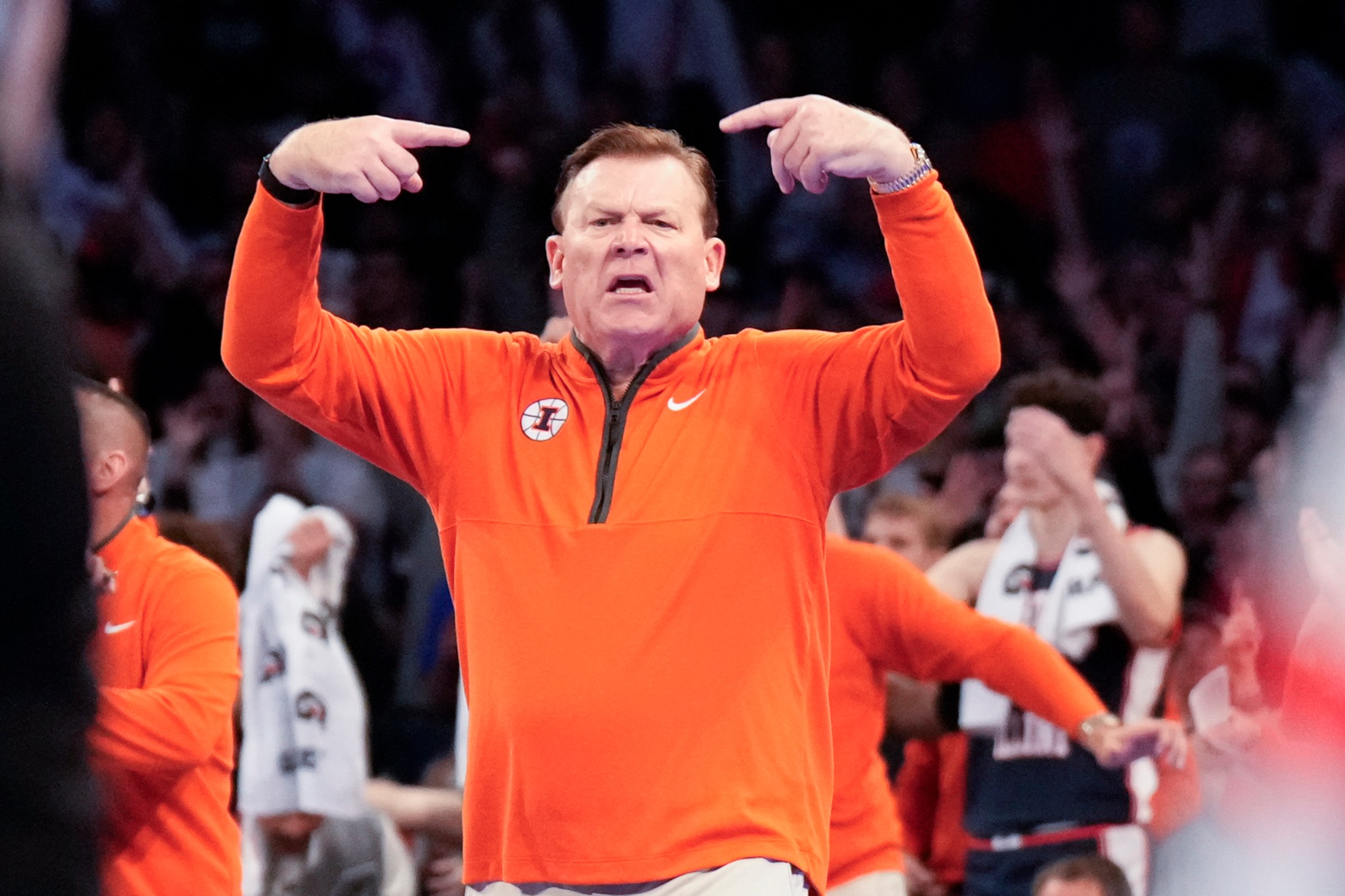 NEW YORK, NY - NOVEMBER 28: Head Coach Brad Underwood of the Illinois Fighting Illini in the first half of a college basketball game against the UConn Huskies at Madison Square Garden on November 28, 2025 in New York City. (Photo by Porter Binks/Getty Images)