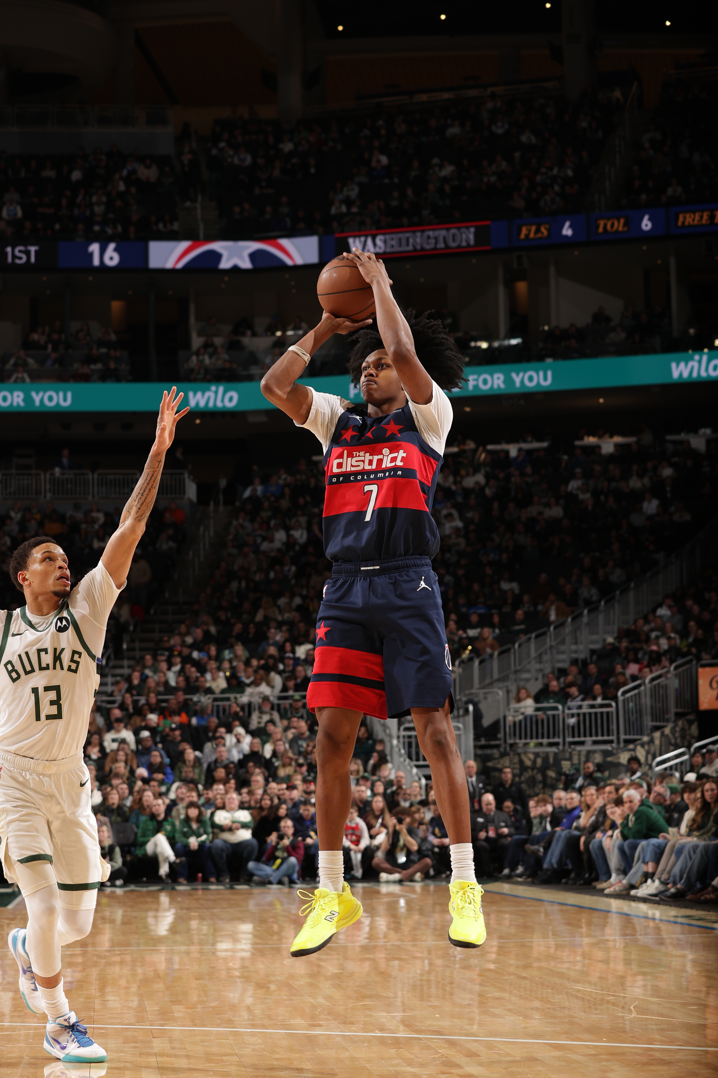 Wizards guard Bub Carrington bombing threes in the team’s New Year’s Eve win over the Milwaukee Bucks.