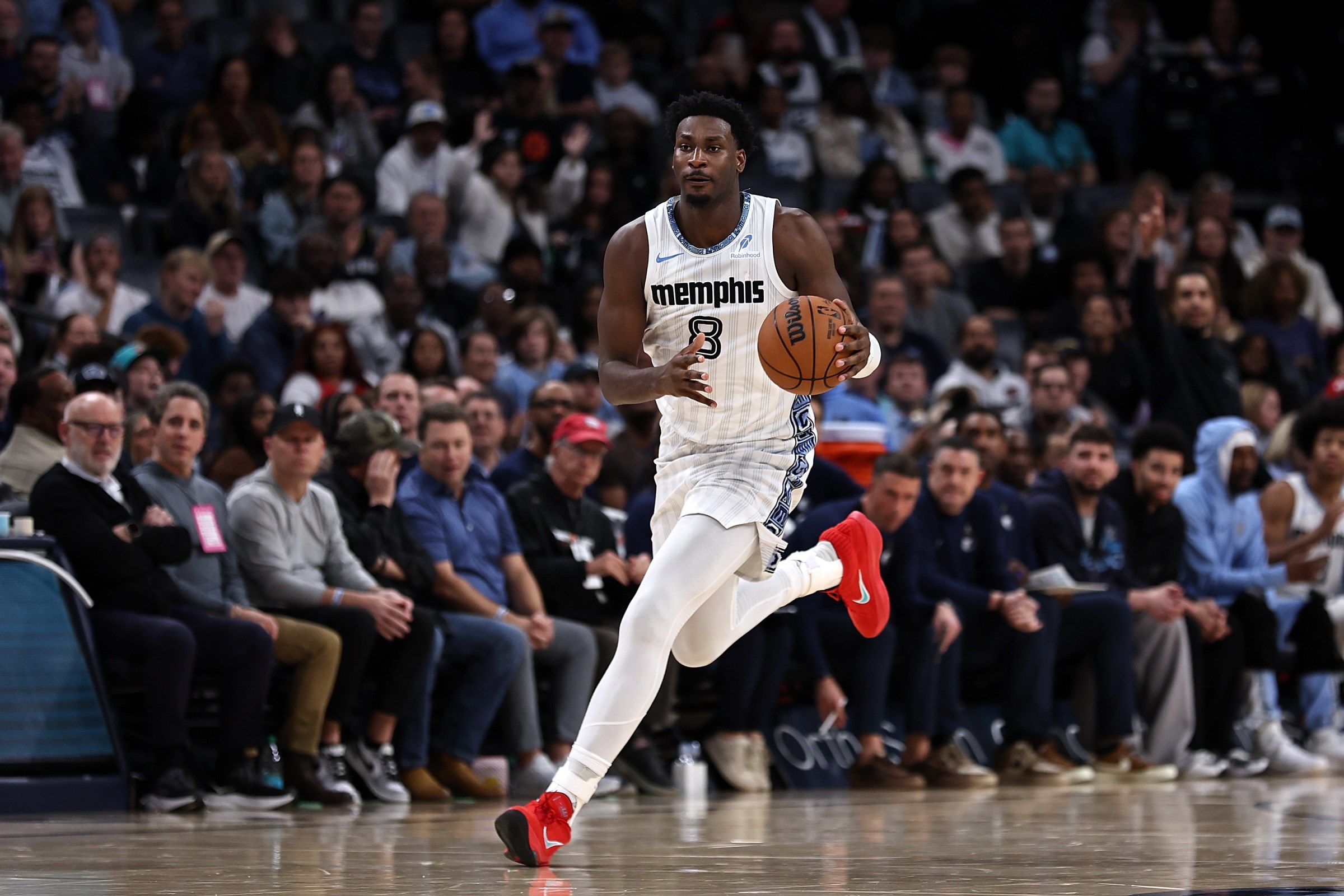 MEMPHIS, TENNESSEE - DECEMBER 26: Jaren Jackson Jr. #8 of the Memphis Grizzlies handles the ball during the game against the Milwaukee Bucks at FedExForum on December 26, 2025 in Memphis, Tennessee. NOTE TO USER: User expressly acknowledges and agrees that, by downloading and or using this photograph, user is consenting to the terms and conditions of the Getty Images License Agreement. (Photo by Justin Ford/Getty Images)