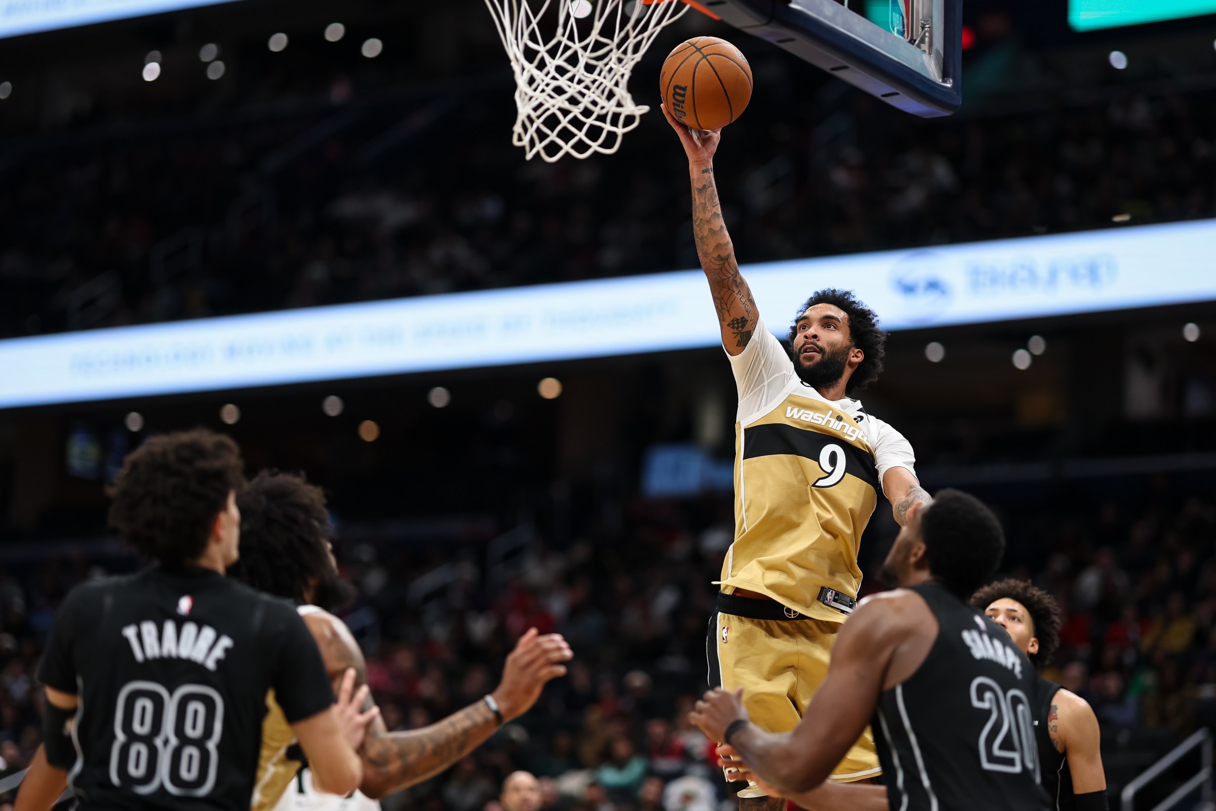 Washington Wizards forward Justin Champagnie scores in the team’s 20-point win over the Brooklyn Nets.