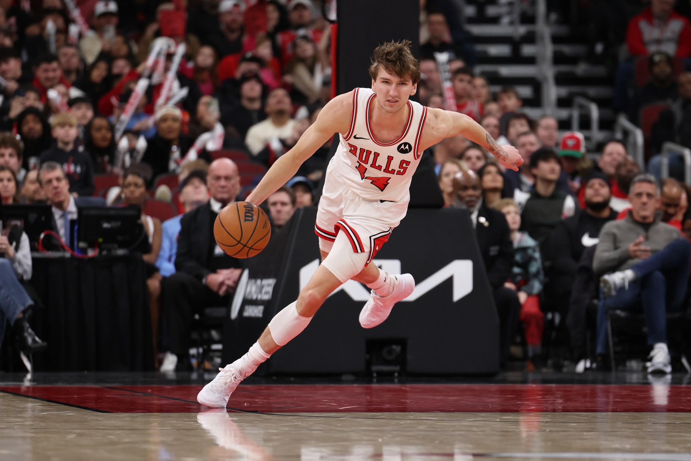 CHICAGO, ILLINOIS - JANUARY 02: Matas Buzelis #14 of the Chicago Bulls dribbles the ball during the second half against the Orlando Magic at the United Center on January 2, 2026 in Chicago, Illinois. NOTE TO USER: User expressly acknowledges and agrees that, by downloading and or using this photograph, User is consenting to the terms and conditions of the Getty Images License Agreement. (Photo by Geoff Stellfox/Getty Images)