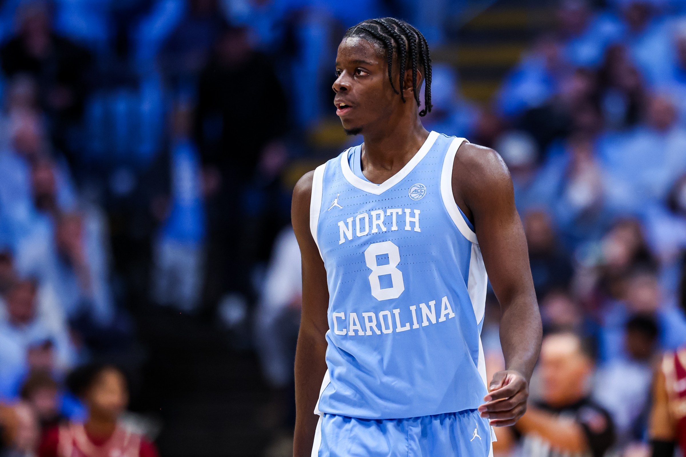 CHAPEL HILL, NORTH CAROLINA - DECEMBER 30: Caleb Wilson #8 of the North Carolina Tar Heels looks on during the first half of a basketball game against the Florida State Seminoles at Dean E. Smith Center on December 30, 2025 in Chapel Hill, North Carolina. (Photo by David Jensen/Getty Images)