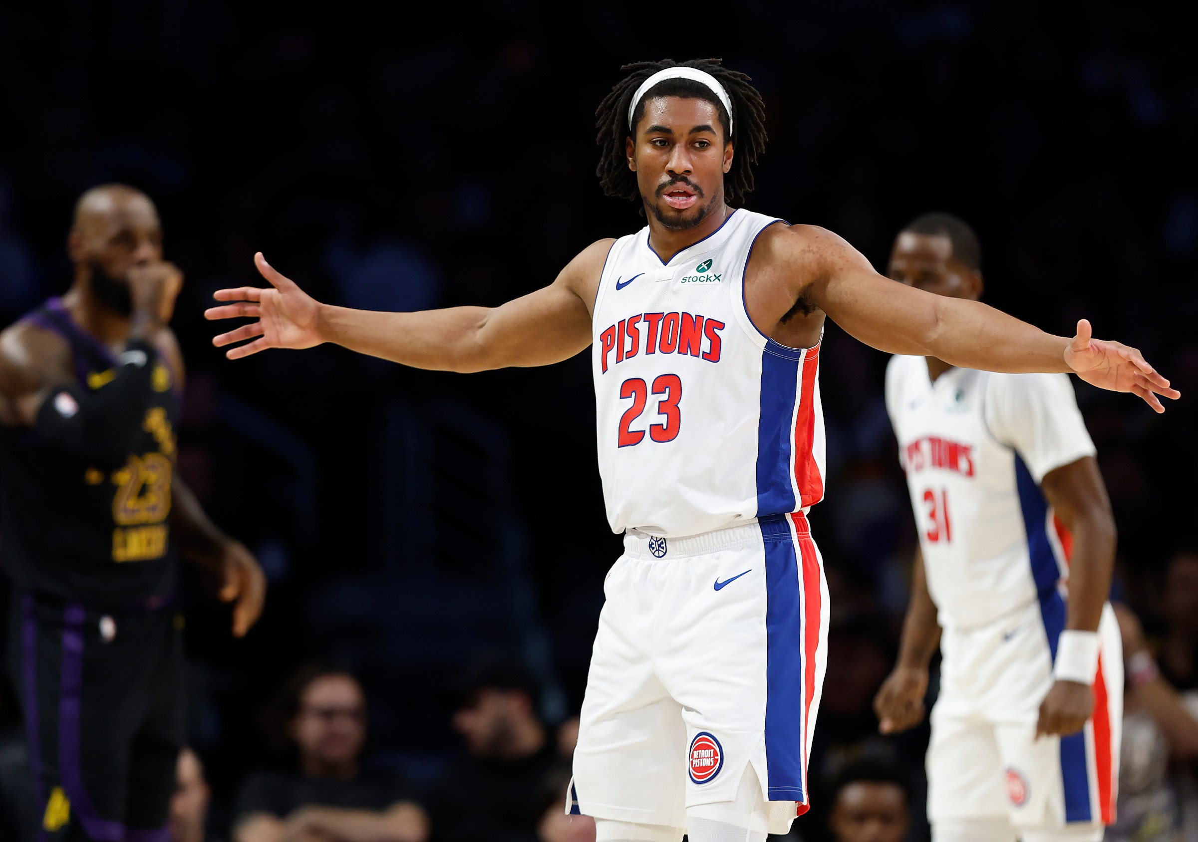 LOS ANGELES, CALIFORNIA - DECEMBER 30: Jaden Ivey #23 of the Detroit Pistons on court against the Los Angeles Lakers in the first half at Crypto.com Arena on December 30, 2025 in Los Angeles, California. NOTE TO USER: User expressly acknowledges and agrees that, by downloading and or using this photograph, User is consenting to the terms and conditions of the Getty Images License Agreement. (Photo by Ronald Martinez/Getty Images)