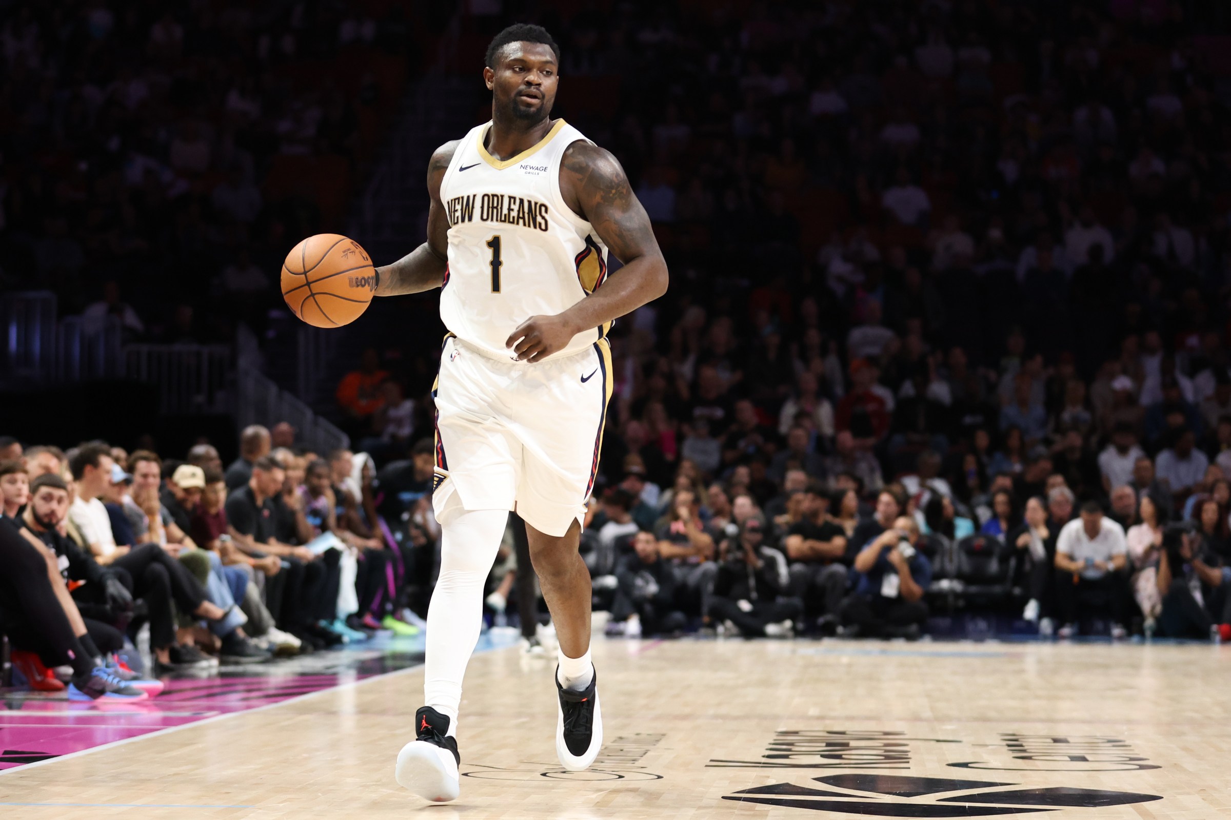 MIAMI, FLORIDA - JANUARY 04: Zion Williamson #1 of the New Orleans Pelicans dribbles the ball against the Miami Heat during the second quarter of the game at Kaseya Center on January 04, 2026 in Miami, Florida. NOTE TO USER: User expressly acknowledges and agrees that, by downloading and or using this photograph, User is consenting to the terms and conditions of the Getty Images License Agreement. (Photo by Megan Briggs/Getty Images)