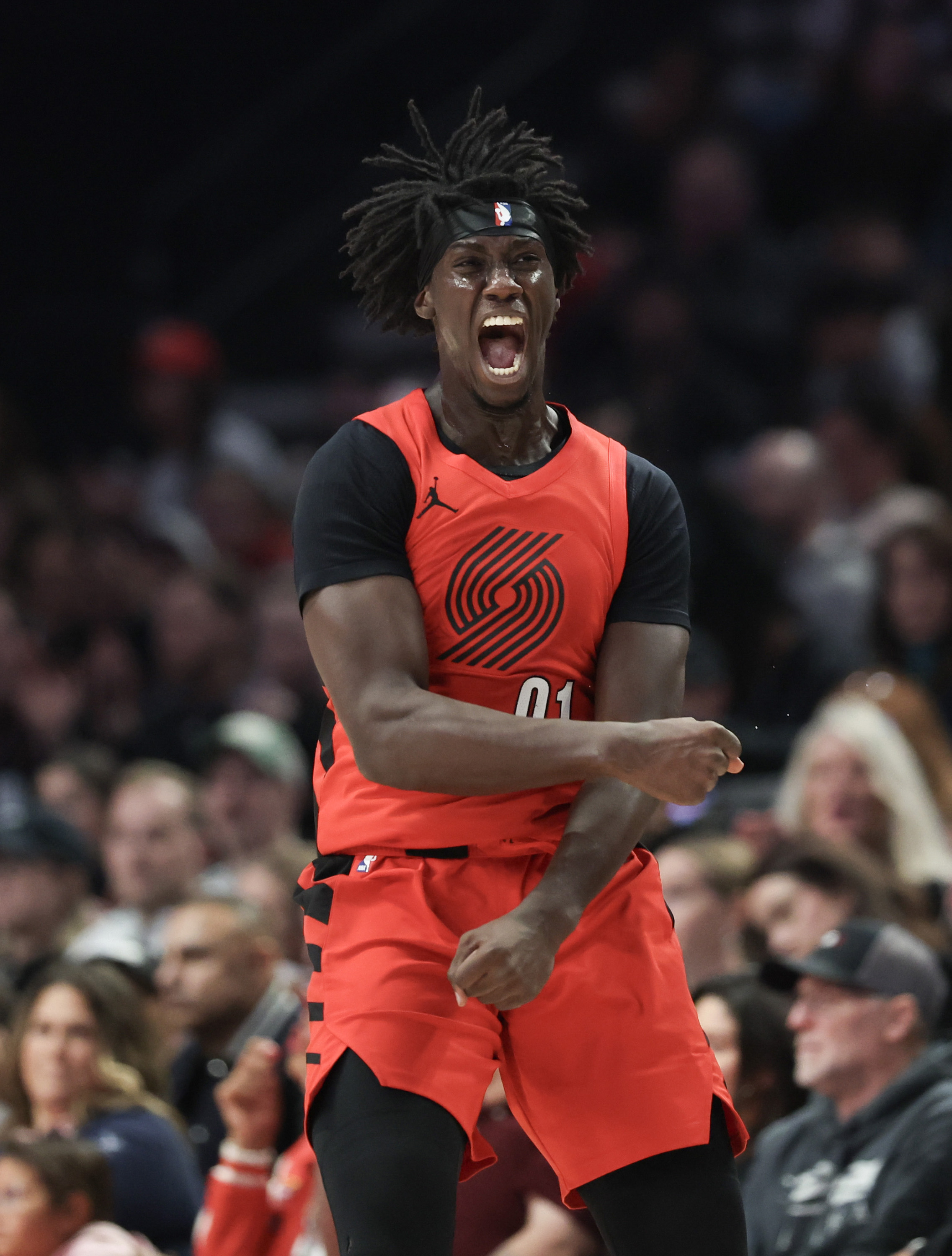 PORTLAND, OREGON - JANUARY 09: Sidy Cissoko #91 of the Portland Trail Blazers reacts after a basket against the Houston Rockets during the second quarter at Moda Center on January 09, 2026 in Portland, Oregon. NOTE TO USER: User expressly acknowledges and agrees that, by downloading and or using this photograph, user is consenting to the terms and conditions of the Getty Images License Agreement. (Photo by Amanda Loman/Getty Images)