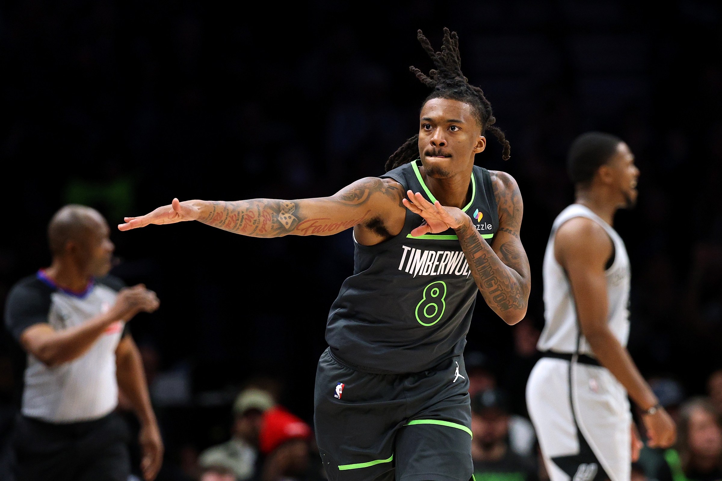MINNEAPOLIS, MINNESOTA - JANUARY 11: Bones Hyland #8 of the Minnesota Timberwolves celebrates his three-point basket against the San Antonio Spurs in the fourth quarter at Target Center on January 11, 2026 in Minneapolis, Minnesota. The Timberwolves defeated the Spurs 104-103. NOTE TO USER: User expressly acknowledges and agrees that, by downloading and or using this photograph, User is consenting to the terms and conditions of the Getty Images License Agreement. (Photo by David Berding/Getty Images)