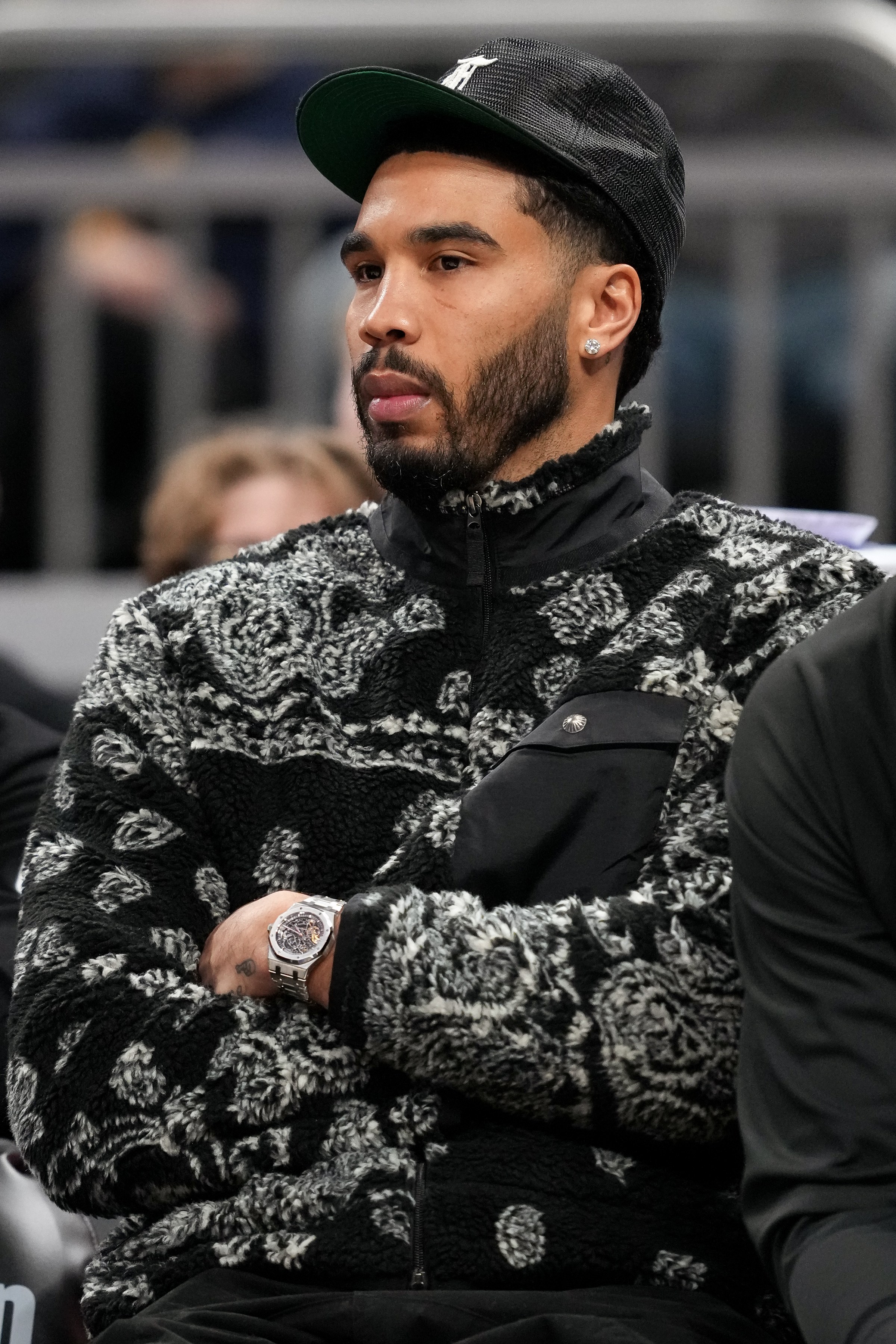 INDIANAPOLIS, INDIANA - JANUARY 12: Jayson Tatum #0 of the Boston Celtics looks on from the bench in the third quarter against the Indiana Pacers at Gainbridge Fieldhouse on January 12, 2026 in Indianapolis, Indiana. NOTE TO USER: User expressly acknowledges and agrees that, by downloading and or using this photograph, User is consenting to the terms and conditions of the Getty Images License Agreement. (Photo by Dylan Buell/Getty Images)