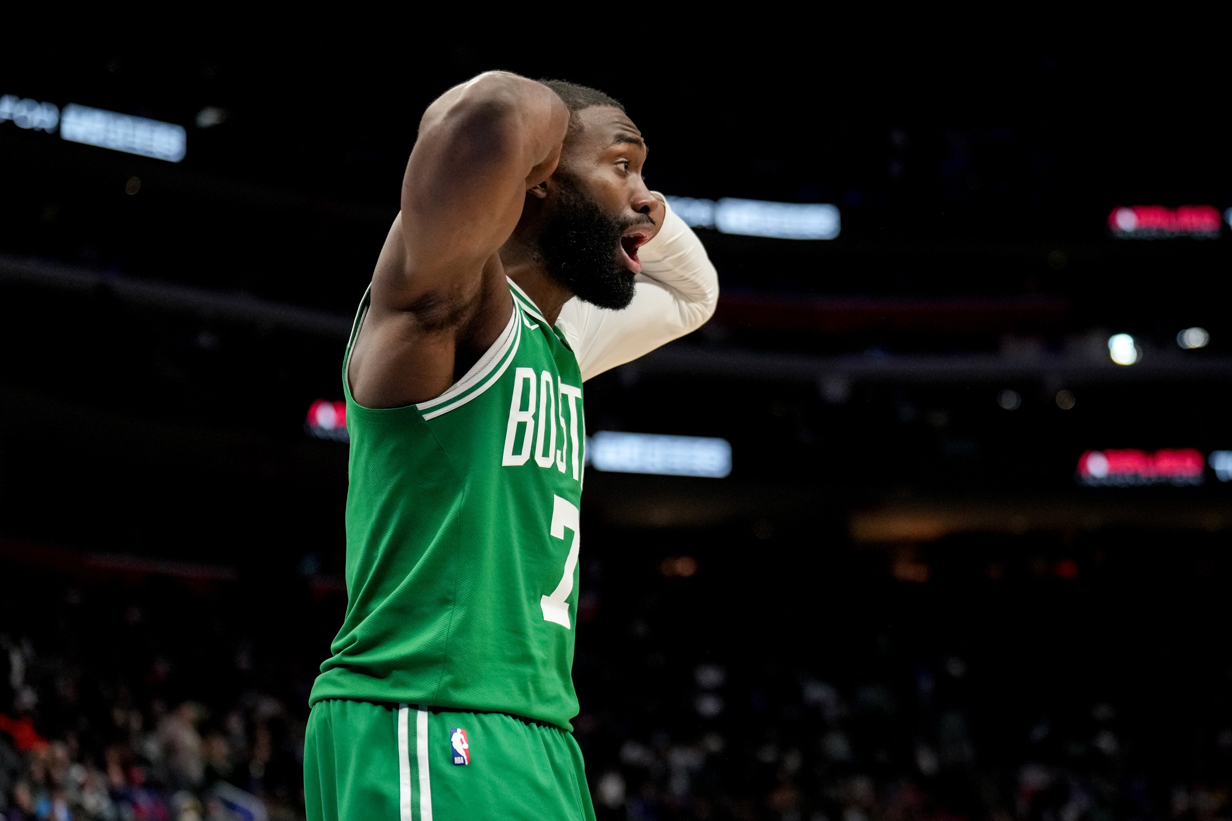 DETROIT, MICHIGAN - JANUARY 19: Jaylen Brown #7 of the Boston Celtics reacts against the Detroit Pistons during the third quarter at Little Caesars Arena on January 19, 2026 in Detroit, Michigan. NOTE TO USER: User expressly acknowledges and agrees that, by downloading and or using this photograph, User is consenting to the terms and conditions of the Getty Images License Agreement. (Photo by Nic Antaya/Getty Images)