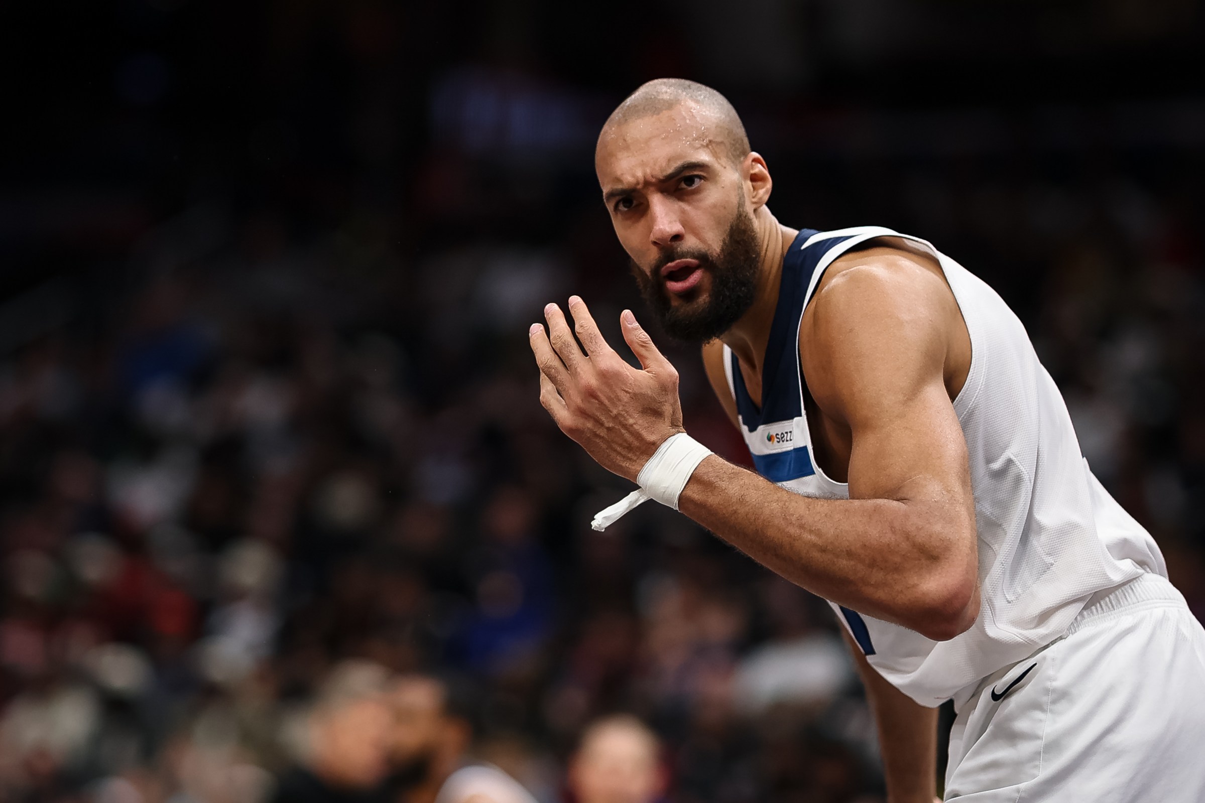 WASHINGTON, DC - JANUARY 04: Rudy Gobert #27 of the Minnesota Timberwolves reacts against the Washington Wizards during the second half at Capital One Arena on January 4, 2026 in Washington, DC. NOTE TO USER: User expressly acknowledges and agrees that, by downloading and or using this photograph, User is consenting to the terms and conditions of the Getty Images License Agreement. (Photo by Scott Taetsch/Getty Images)