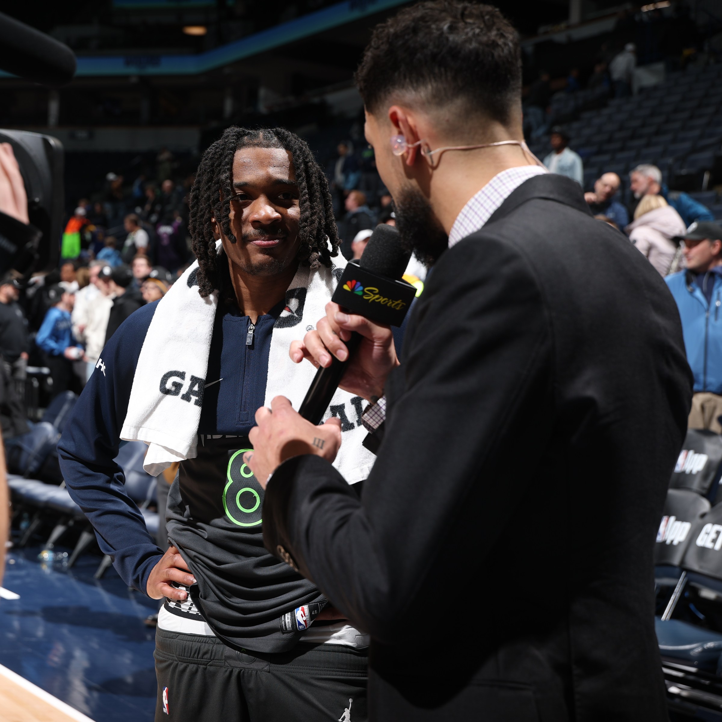 MINNEAPOLIS, MN - JANUARY 26: Austin Rivers interviews Bones Hyland #8 of the Minnesota Timberwolves after the game against the Golden State Warriors on January 26, 2026 at Target Center in Minneapolis, Minnesota. NOTE TO USER: User expressly acknowledges and agrees that, by downloading and or using this Photograph, user is consenting to the terms and conditions of the Getty Images License Agreement. Mandatory Copyright Notice: Copyright 2026 NBAE (Photo by David Sherman/NBAE via Getty Images)