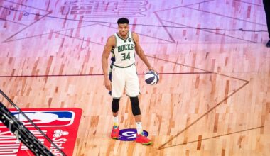 Giannis Antetokounmpo wearing his Bucks jersey on the court