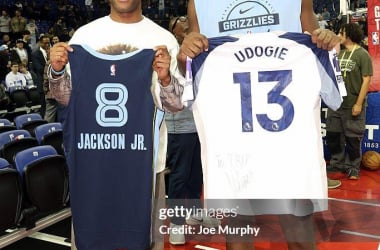 2026 NBA London Game - Orlando Magic v Memphis GrizzliesLONDON, ENG - JANUARY 18: Destiny Udogie and Jaren Jackson Jr. #8 of the Memphis Grizzlies for a photo before the game between the Orlando Magic and the Memphis Grizzlies as part of the 2026 NBA London Game on January 18, 2026 at The 02 Arena in London, England. NOTE TO USER: User expressly acknowledges and agrees that, by downloading and or using this photograph, User is consenting to the terms and conditions of the Getty Images License Agreement. Mandatory Copyright Notice: Copyright 2026 NBAE (Photo by Joe Murphy/NBAE via Getty Images)