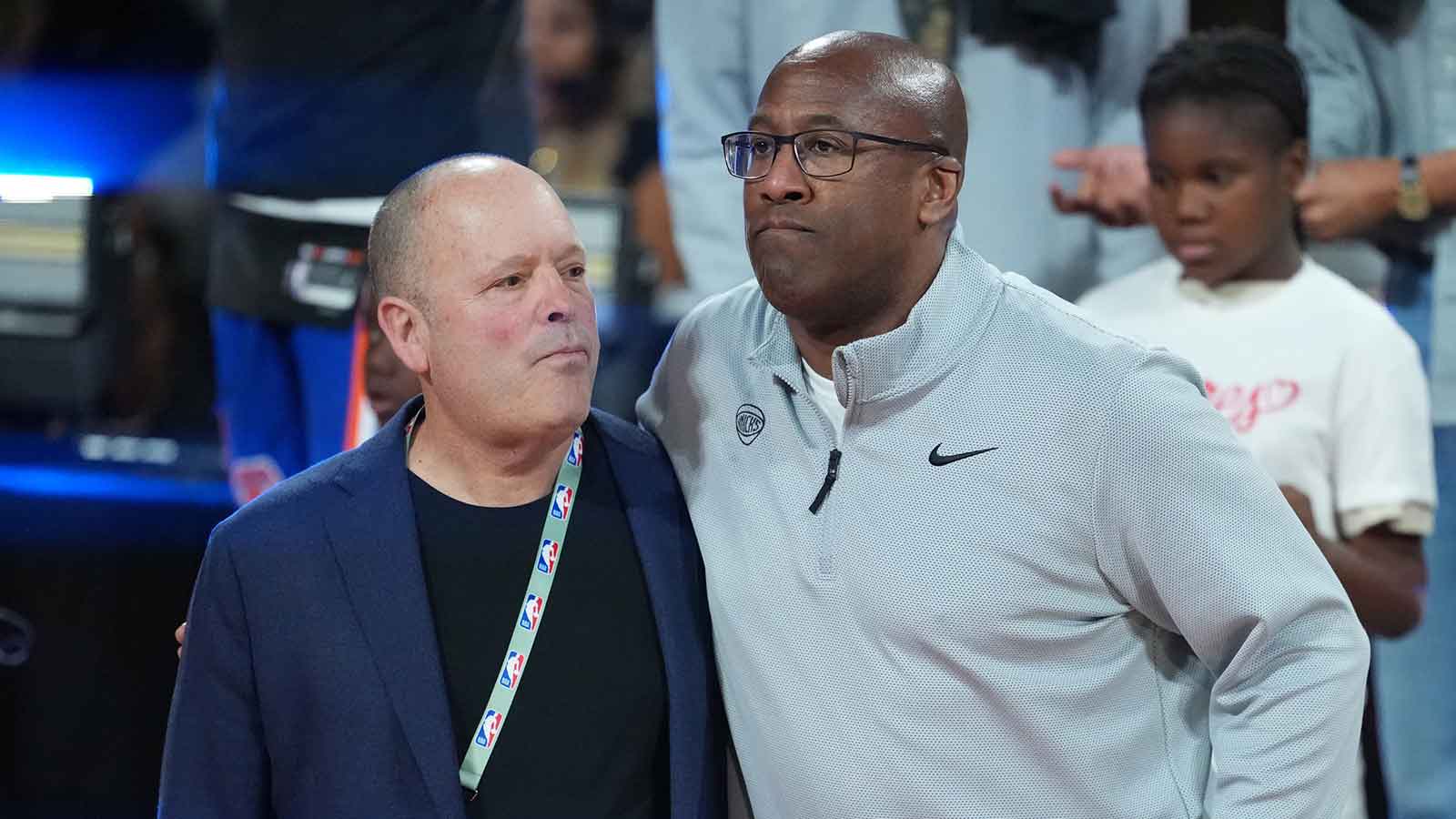 Dec 16, 2025; Las Vegas, Nevada, USA; New York Knicks president Leon Rose (left) and coach Mike Brown embrace after the Emirates NBA Cup Final against the San Antonio Spurs at T-Mobile Arena. Mandatory Credit: Kirby Lee-Imagn Images