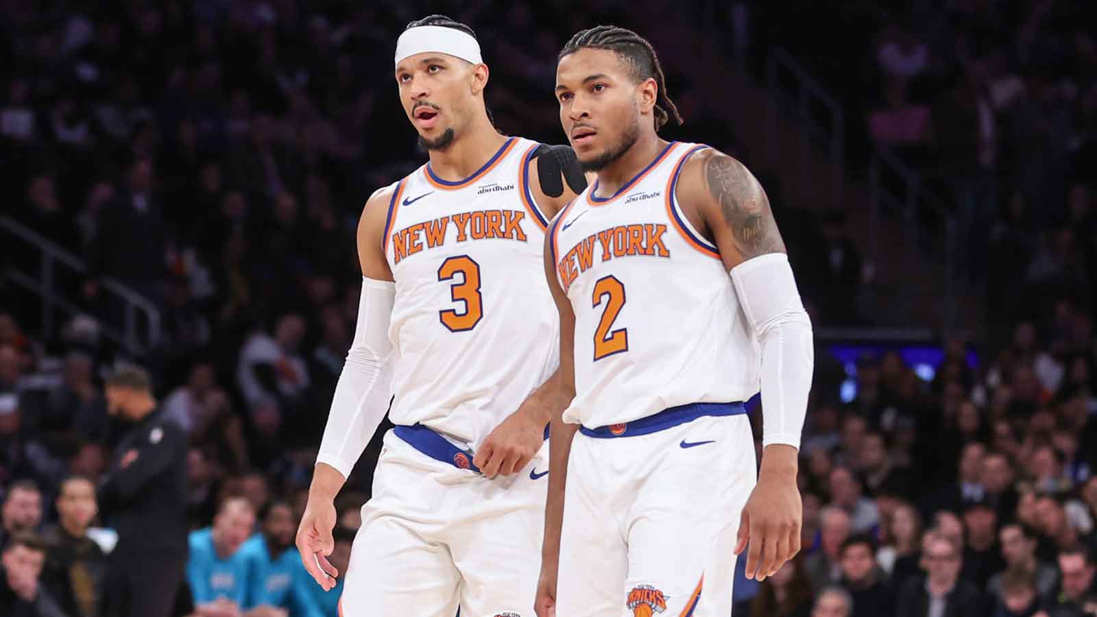 Dec 3, 2025; New York, New York, USA; New York Knicks guards Josh Hart (3) and Miles McBride (2) at Madison Square Garden. Mandatory Credit: Wendell Cruz-Imagn Images