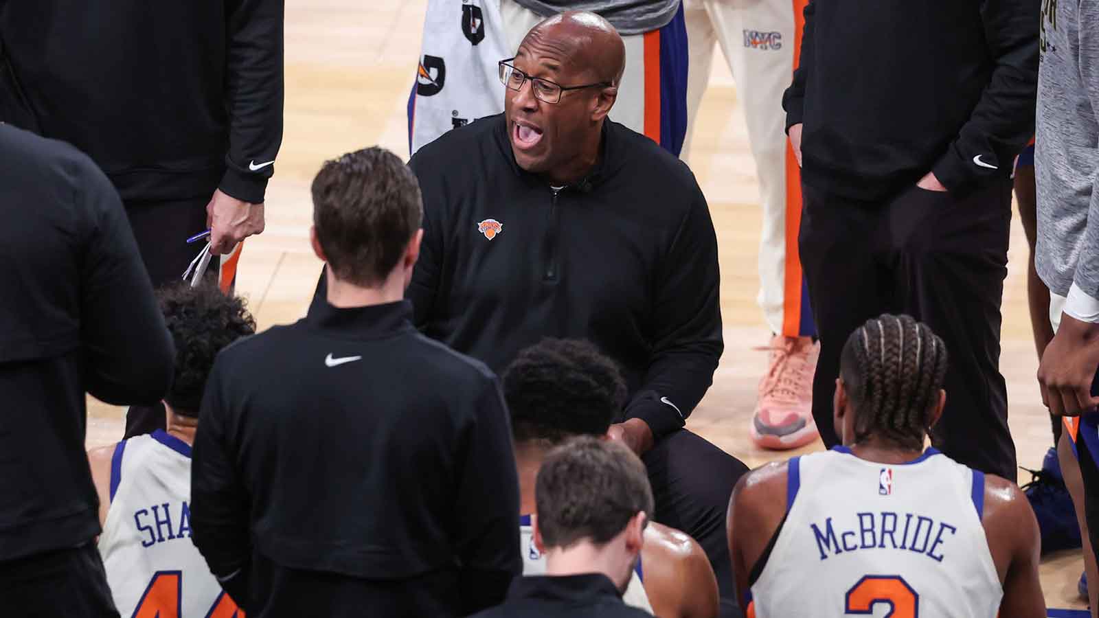 Nov 11, 2025; New York, New York, USA; New York Knicks head coach Mike Brown talks to the team during a timeout in the fourth quarter against the Memphis Grizzlies at Madison Square Garden