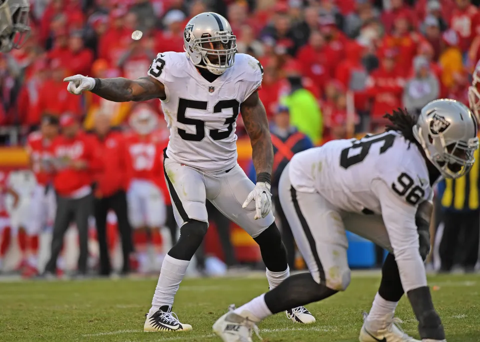 Middle linebacker NaVorro Bowman #53 of the Oakland Raiders calls out instructions against the Kansas City Chiefs during the second half at Arrowhead Stadium on December 10, 2017.
