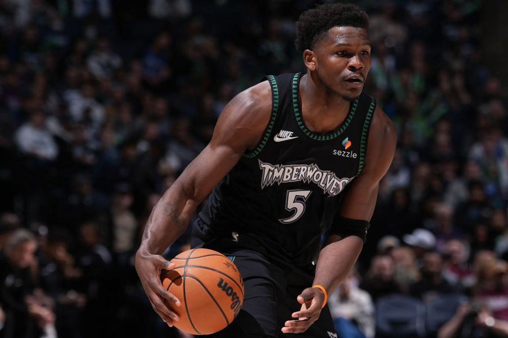 An image collage containing 1 images, Image 1 shows Anthony Edwards #5 of the Minnesota Timberwolves handles the ball